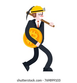Businessman and bitcoin. Miner and pick. Guy carries  crypto currency. Mining vector illustration