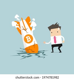 Businessman with Bitcoin rocket crash flying down. Bitcoin price collapse, crypto currency volatility price roaring fast and fall down causing investor huge loss concept.