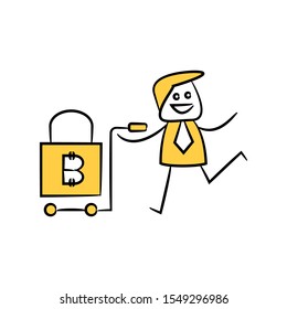 businessman and bitcoin shopping cart yellow doodle stick figure design