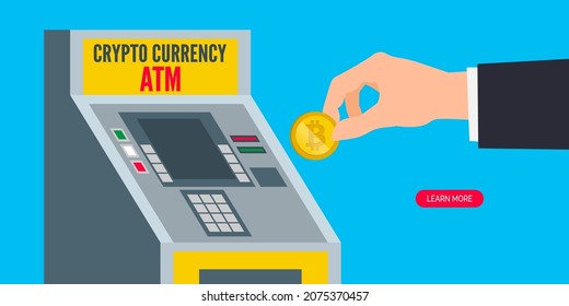 businessman with bitcoin using crypto atm machine  cryptocurrency exchange terminal vector illustration