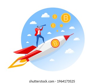 Businessman with bitcoins  looking through a telescope on rocket. Man makes plans and invest for the future. vector illustration