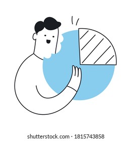 Businessman bites a pie chart, takes a bite of the market pie. Marketing, brand strategy, business growth and expansion, market share competition. Flat line fun cartoon vector illustration on white.