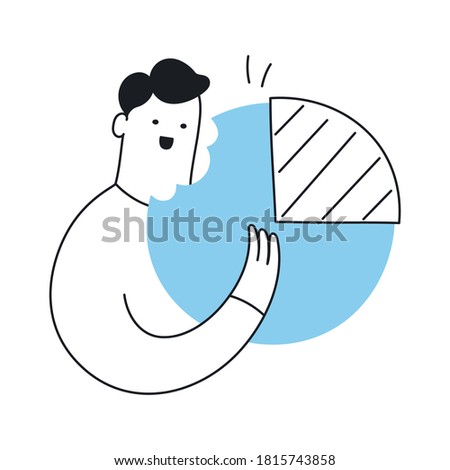 Businessman bites a pie chart, takes a bite of the market pie. Marketing, brand strategy, business growth and expansion, market share competition. Flat line fun cartoon vector illustration on white.