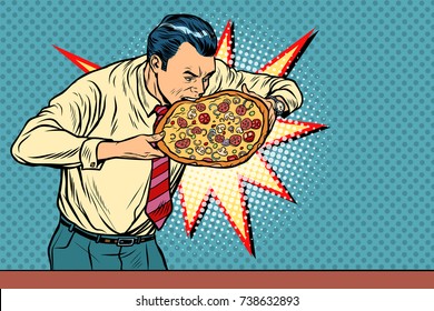 businessman bites pizza. Pop art retro vector illustration