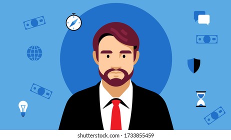 Businessman in a black business suit. A flat style character surrounded by icons: clock, darts, compass, paper money.