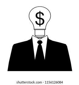Businessman black icon with bulb  isolated on white background. Vector illustration.