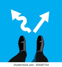 Businessman In Black Shoes Standing At The Crossroad And Has To Make Decision Which Way To Go For His Success - Hard Way Or Easy Way. Vector Graphic Design.