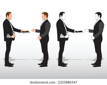 businessman in a black suit giving a book to another man vector