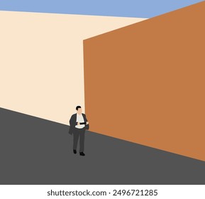 Businessman in black suit holding black umbrella walking on city street. Travel, commute and corporate job opportunity outdoor.