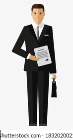 businessman in black suit holds document and briefcase. character in flat style. vector clipart