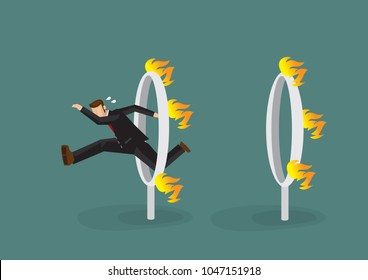 Businessman in black suit jumping over a series of fiery burning hoops. Concept of the danger or challenge he have to overcome to become successful. Vector illustration.