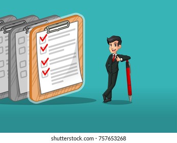 Businessman in black suit leaning a pen with completed checklists on paper, against tosca background.