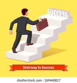 Businessman in black suit with suitcase climbing the stairs of success. Flat style vector illustration.