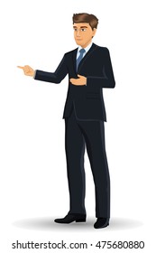 Businessman in black suits, with presentation poses, vector illustration
