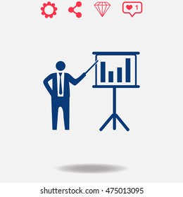 Businessman and blackboard vector icon on grey background.