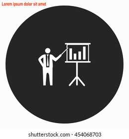 Businessman and blackboard web icon. Gray circle button with white illustration.