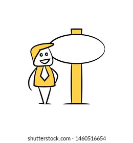 businessman and blank board, signage or signpost yellow stick figure theme