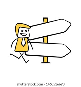 businessman and blank board, signage or signpost yellow stick figure theme