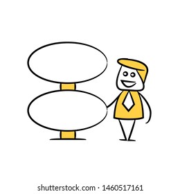 businessman and blank board, signage or signpost yellow stick figure theme