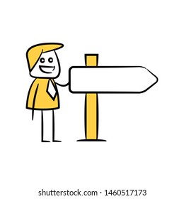 businessman and blank board, signage or signpost yellow stick figure theme