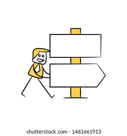businessman and blank board, signage or signpost yellow stick figure theme