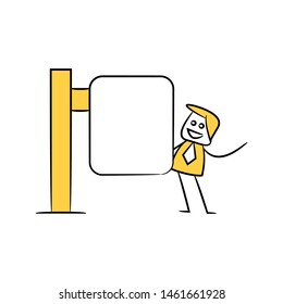 businessman and blank board, signage or signpost yellow stick figure theme