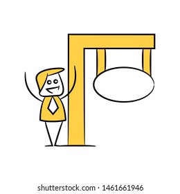 businessman and blank board, signage or signpost yellow stick figure theme