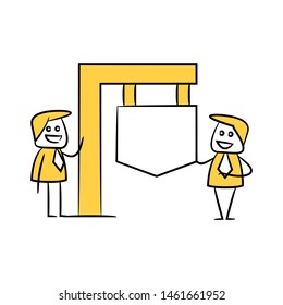 businessman and blank board, signage or signpost yellow stick figure theme