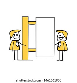 businessman and blank board, signage or signpost yellow stick figure theme