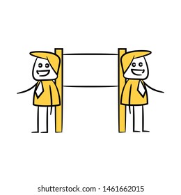 businessman and blank board, signage or signpost yellow stick figure theme