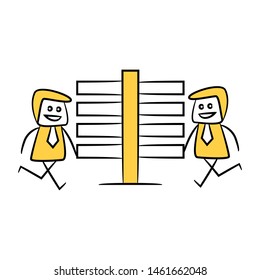 businessman and blank board, signage or signpost yellow stick figure theme