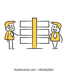 businessman and blank board, signage or signpost yellow stick figure theme