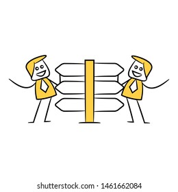 businessman and blank board, signage or signpost yellow stick figure theme