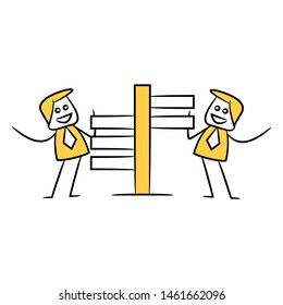 businessman and blank board, signage or signpost yellow stick figure theme