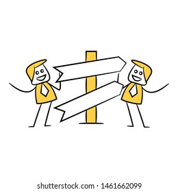 businessman and blank board, signage or signpost yellow stick figure theme