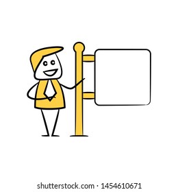 businessman and blank signage or signpost yellow stick figure theme