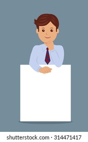 Businessman and blank white banner. Character male manager in the flat design.