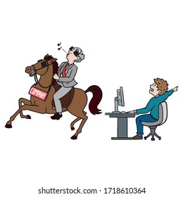 A Businessman With Blinders Rides His Horse In The Wrong Direction And Does Not Pay Attention To His Employees. Corporate Management, Blind Flight, Comic.