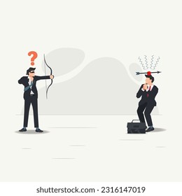 Businessman with blindfold aiming to shoot the apple on head of the others. Businessman focus concept vector illustration