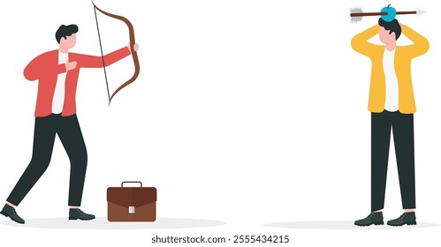 Businessman with blindfold aiming to shoot the apple on the head of the others.trust, Businessman focus concept vector illustration

