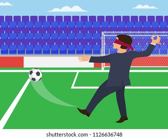 A businessman blindfold beats a soccer ball past the gate. The illustration does not hit the target.