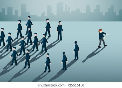 Businessman With Blindfold Walking Opposite Directions To Mass People.