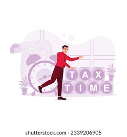 Businessman with block saying tax time against clock and forms background. Trend Modern vector flat illustration