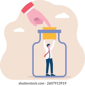 Businessman blocked by huge cork in bottle, Concept business vector illustration
