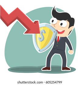 businessman blocking down graph with shield
