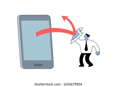 Businessman blocks red arrow coming from a smartphone. Internet block, anti-spam concept. Cartoon flat vector illustration. Isolated on white background.