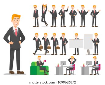 Businessman with blond hair, set of businessman character in different poses