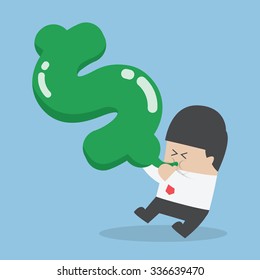 Businessman blowing air into dollar shape balloon, VECTOR, EPS10