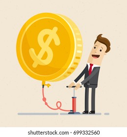 Businessman blowing a balloon in the shape of a gold coin. Sign of dollar on the balloon. Business and finance concept. Vector, Illustration, Flat