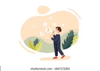 Businessman blowing dollar bubble Vector Illustration concept. Flat illustration isolated on white background.